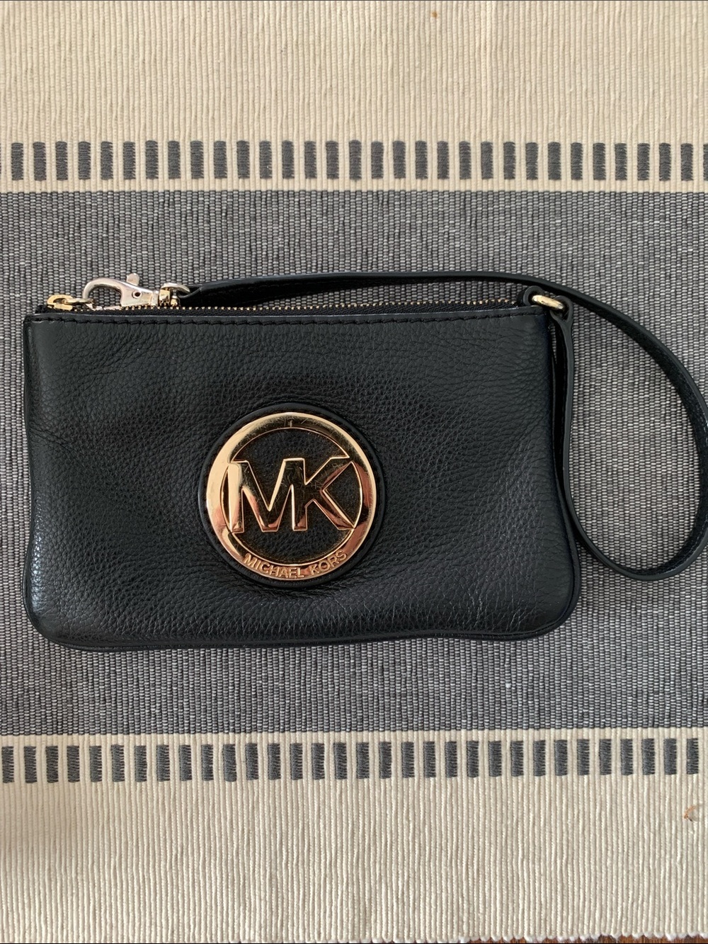 {Vintage Michael Kors} Black Leather Wristlet with Gold MK Emblem